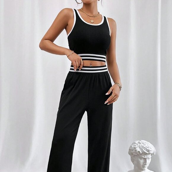 Black Casual Women's Contrast Binding Crop Tank Top & Pants - Picture 4 of 6